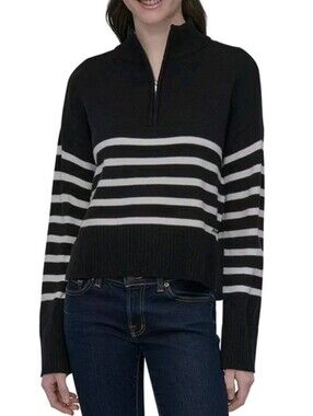 DKNY Black & White Striped Half-Zip Turtleneck Sweater
